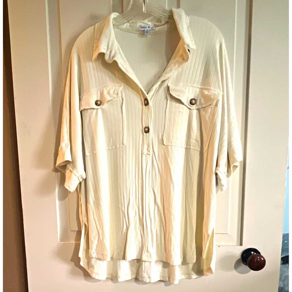 White Birch Womens Button-Up Top Ivory Cotton Knit Pockets Collared S